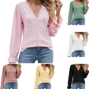 Womens Elegant T Shirts Casual Hollow Out Embroidered Ruffle Trim Long Sleeve Blouse Fashion V Neck Party Holiday Top