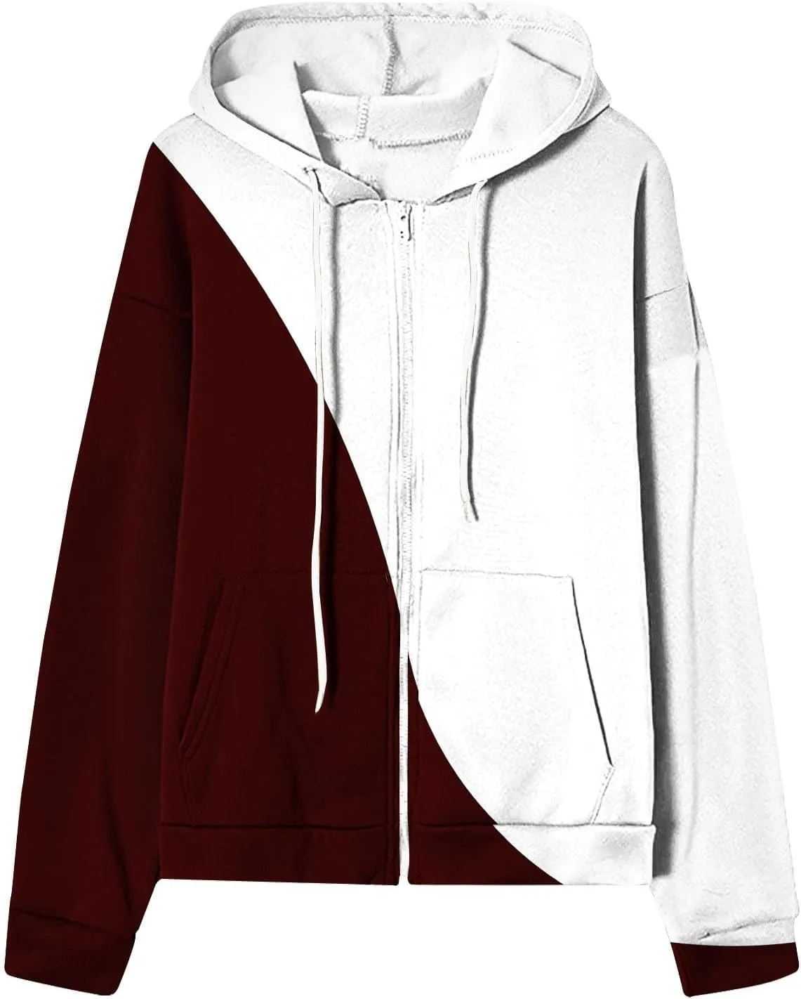 Womens Fall Jacket Casual Patchwork Color Open Front Hoodies Long Sleeve Zipper Winter Coats Outerwear with Pockets