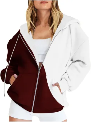 Womens Fall Jacket Casual Patchwork Color Open Front Hoodies Long Sleeve Zipper Winter Coats Outerwear with Pockets