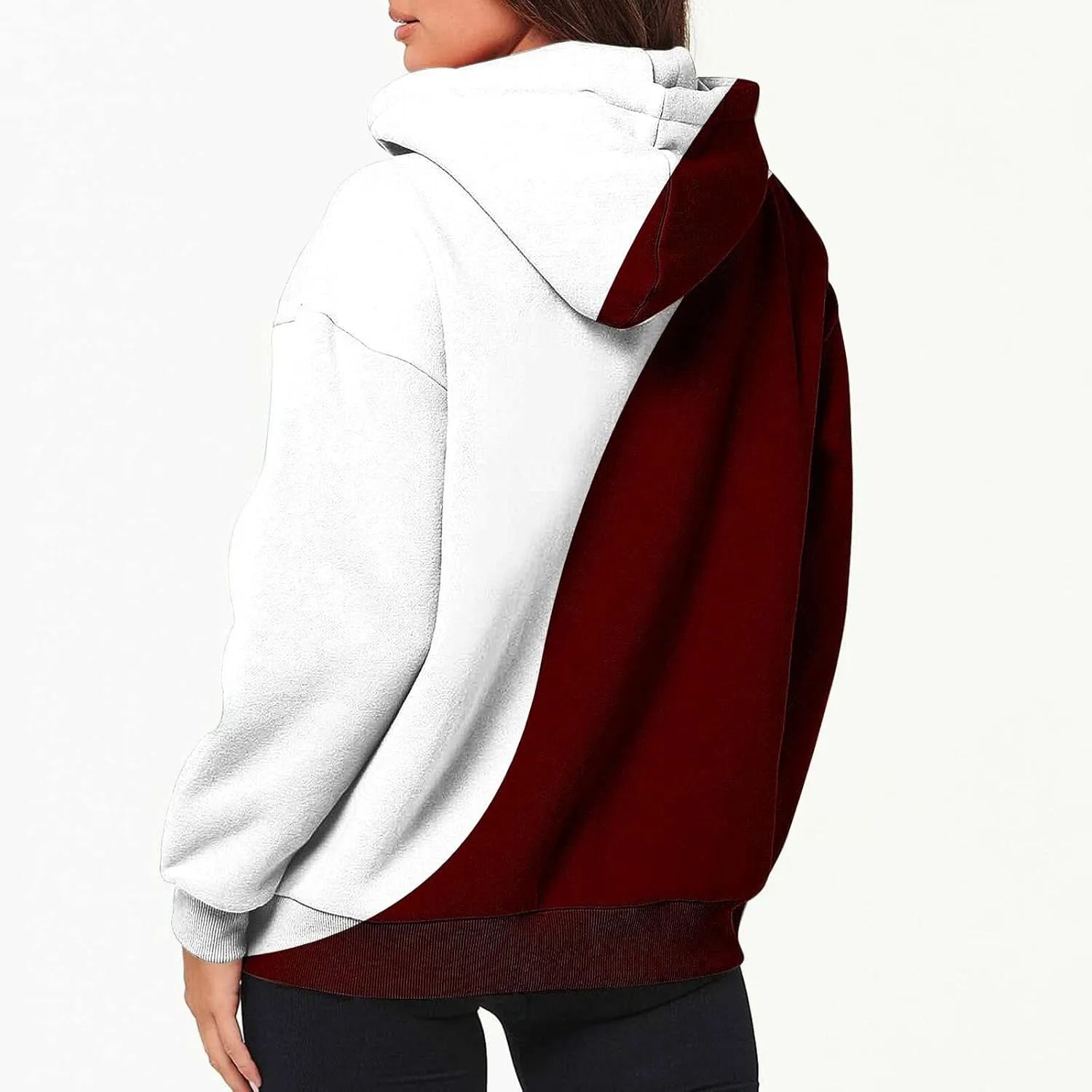Womens Fall Jacket Casual Patchwork Color Open Front Hoodies Long Sleeve Zipper Winter Coats Outerwear with Pockets