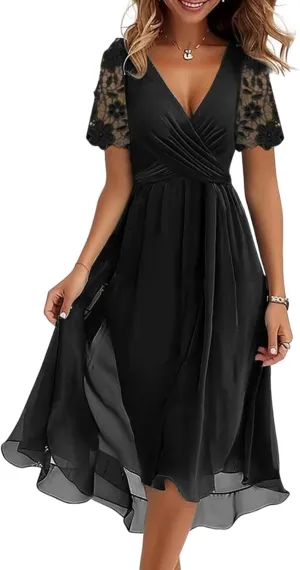 Women's Fashion Plus Size Lace Short Sleeve Midi Dress Chiffon Wrap V Neck Dresses Cocktail Wedding Guest Midi Dress