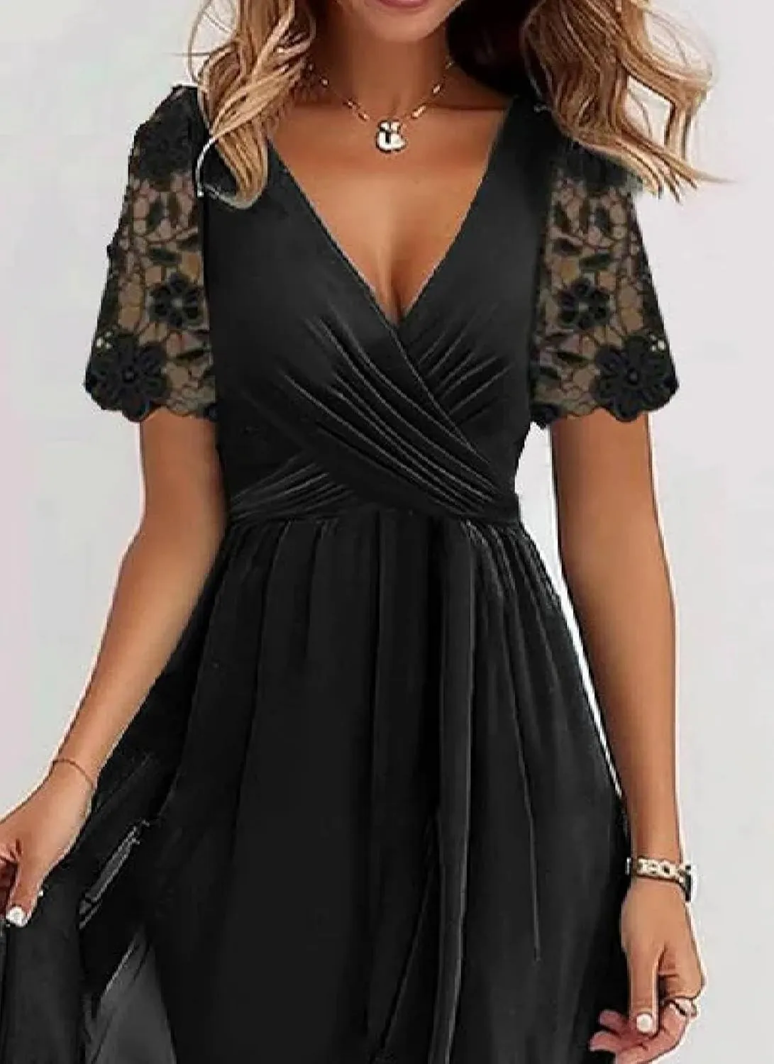 Women's Fashion Plus Size Lace Short Sleeve Midi Dress Chiffon Wrap V Neck Dresses Cocktail Wedding Guest Midi Dress