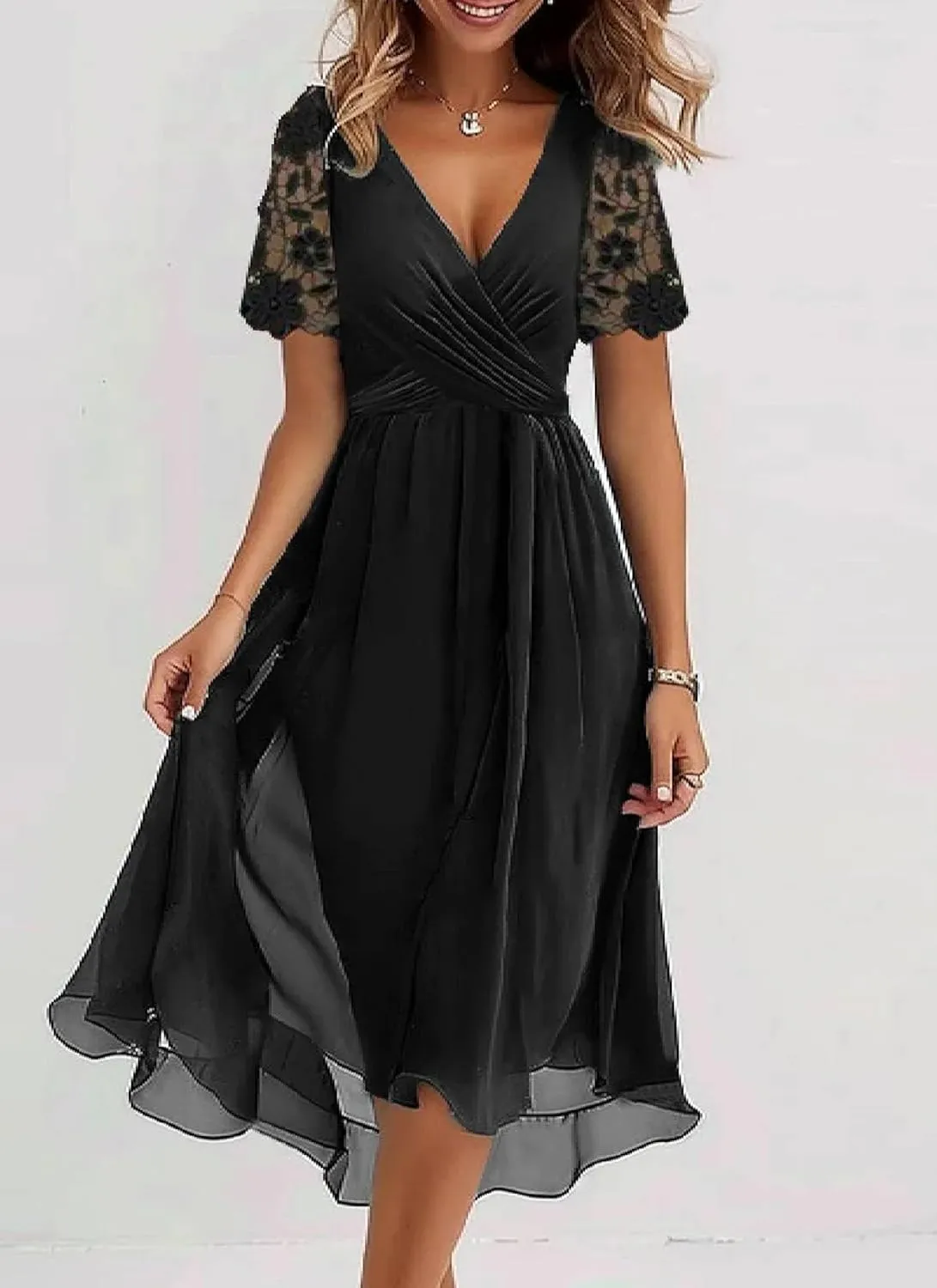 Women's Fashion Plus Size Lace Short Sleeve Midi Dress Chiffon Wrap V Neck Dresses Cocktail Wedding Guest Midi Dress