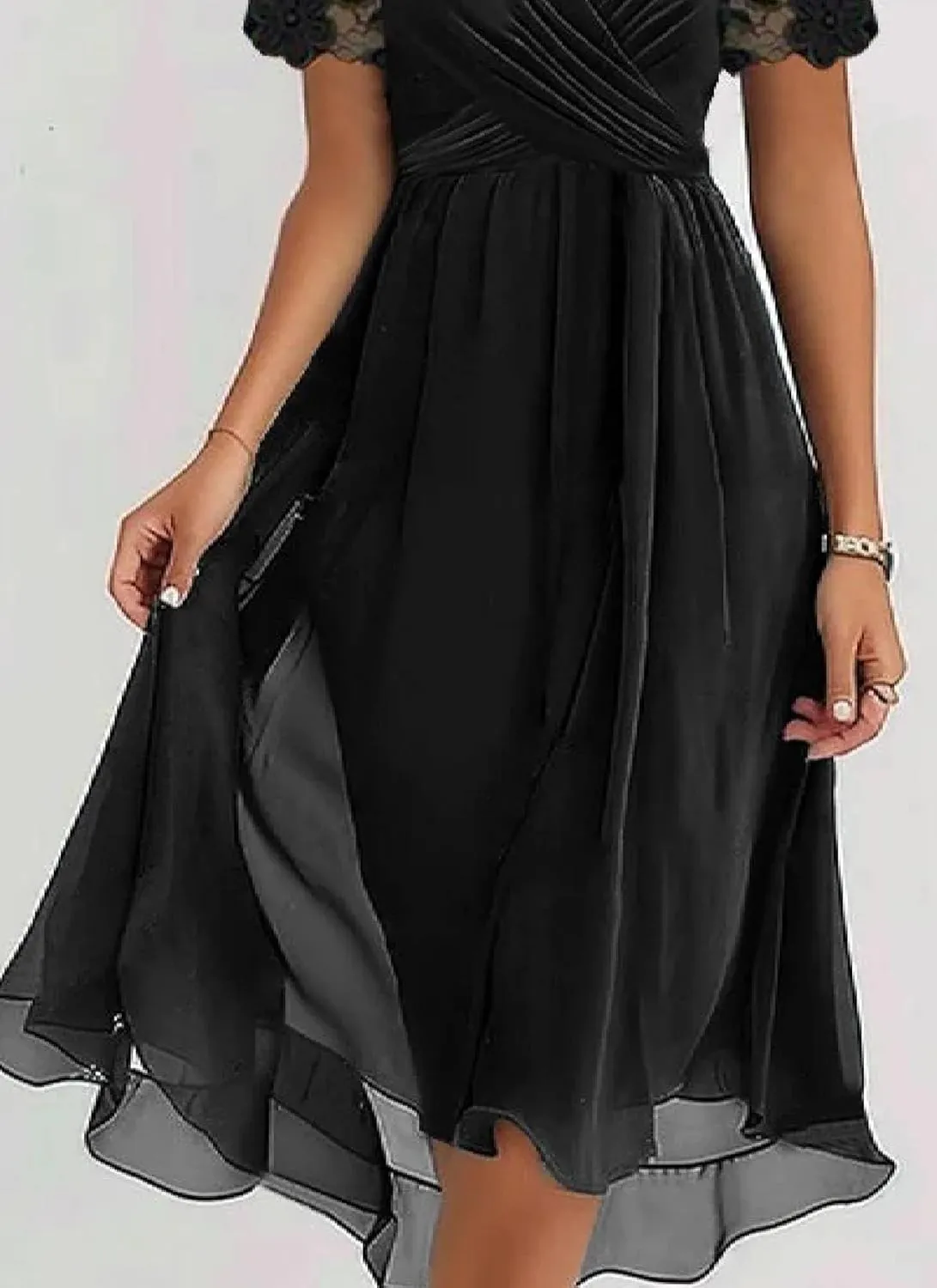 Women's Fashion Plus Size Lace Short Sleeve Midi Dress Chiffon Wrap V Neck Dresses Cocktail Wedding Guest Midi Dress