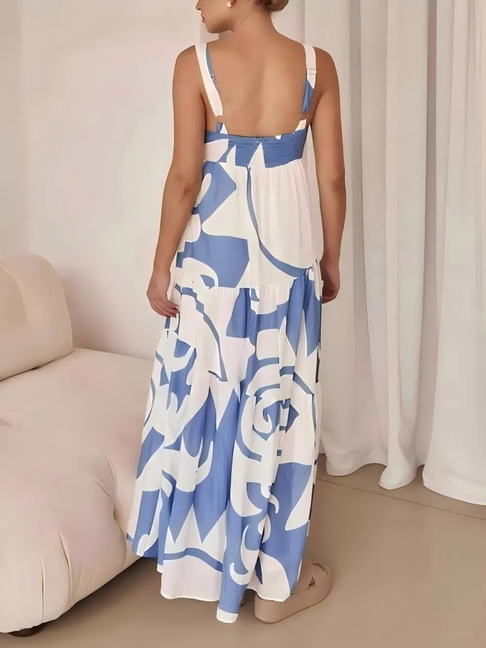 Women's Flowy Maxi Sundress, Sleeveless Abstract Print Dress, Black/Blue/Beige & White, Summer Beach