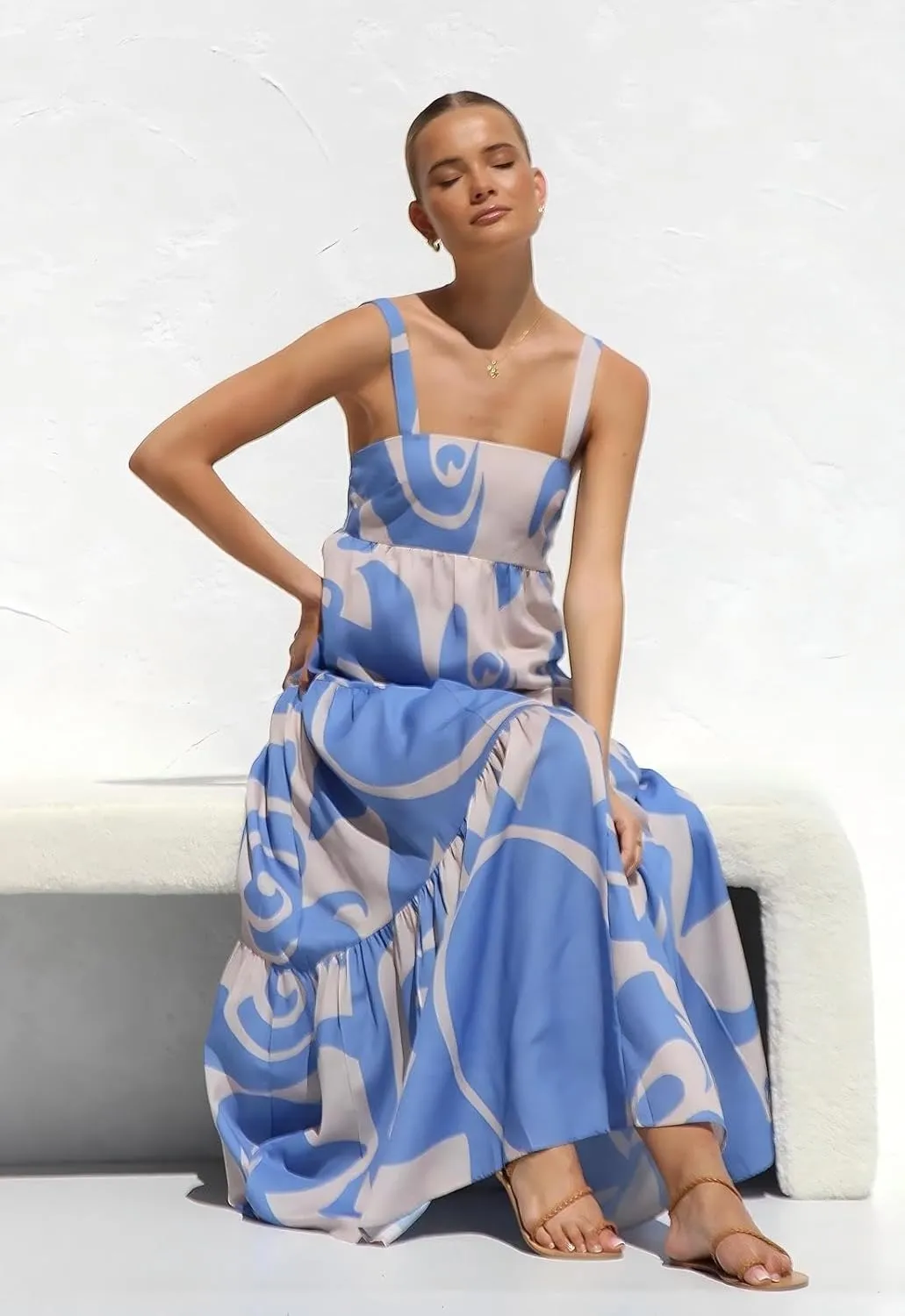 Women's Flowy Maxi Sundress, Sleeveless Abstract Print Dress, Black/Blue/Beige & White, Summer Beach