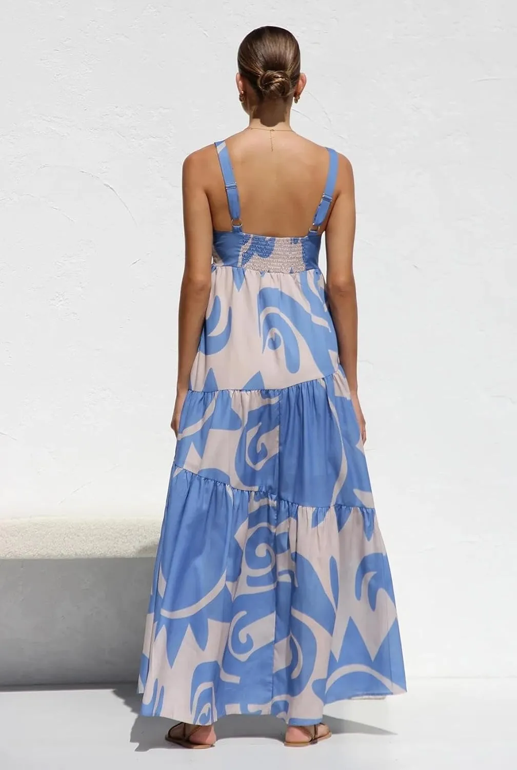 Women's Flowy Maxi Sundress, Sleeveless Abstract Print Dress, Black/Blue/Beige & White, Summer Beach