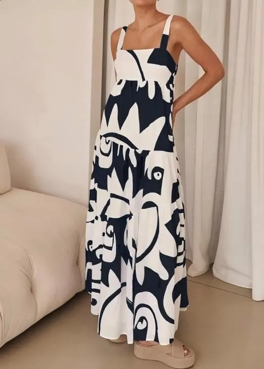 Women's Flowy Maxi Sundress, Sleeveless Abstract Print Dress, Black/Blue/Beige & White, Summer Beach