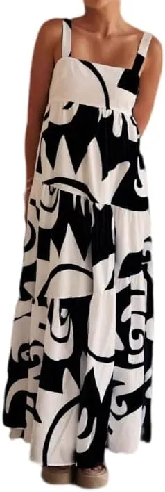 Women's Flowy Maxi Sundress, Sleeveless Abstract Print Dress, Black/Blue/Beige & White, Summer Beach