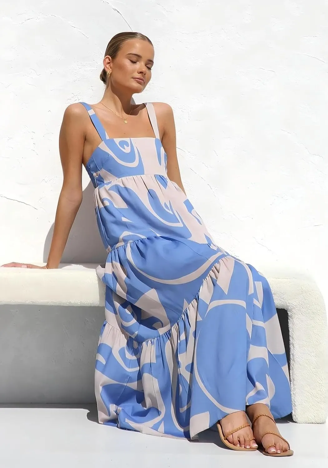 Women's Flowy Maxi Sundress, Sleeveless Abstract Print Dress, Black/Blue/Beige & White, Summer Beach