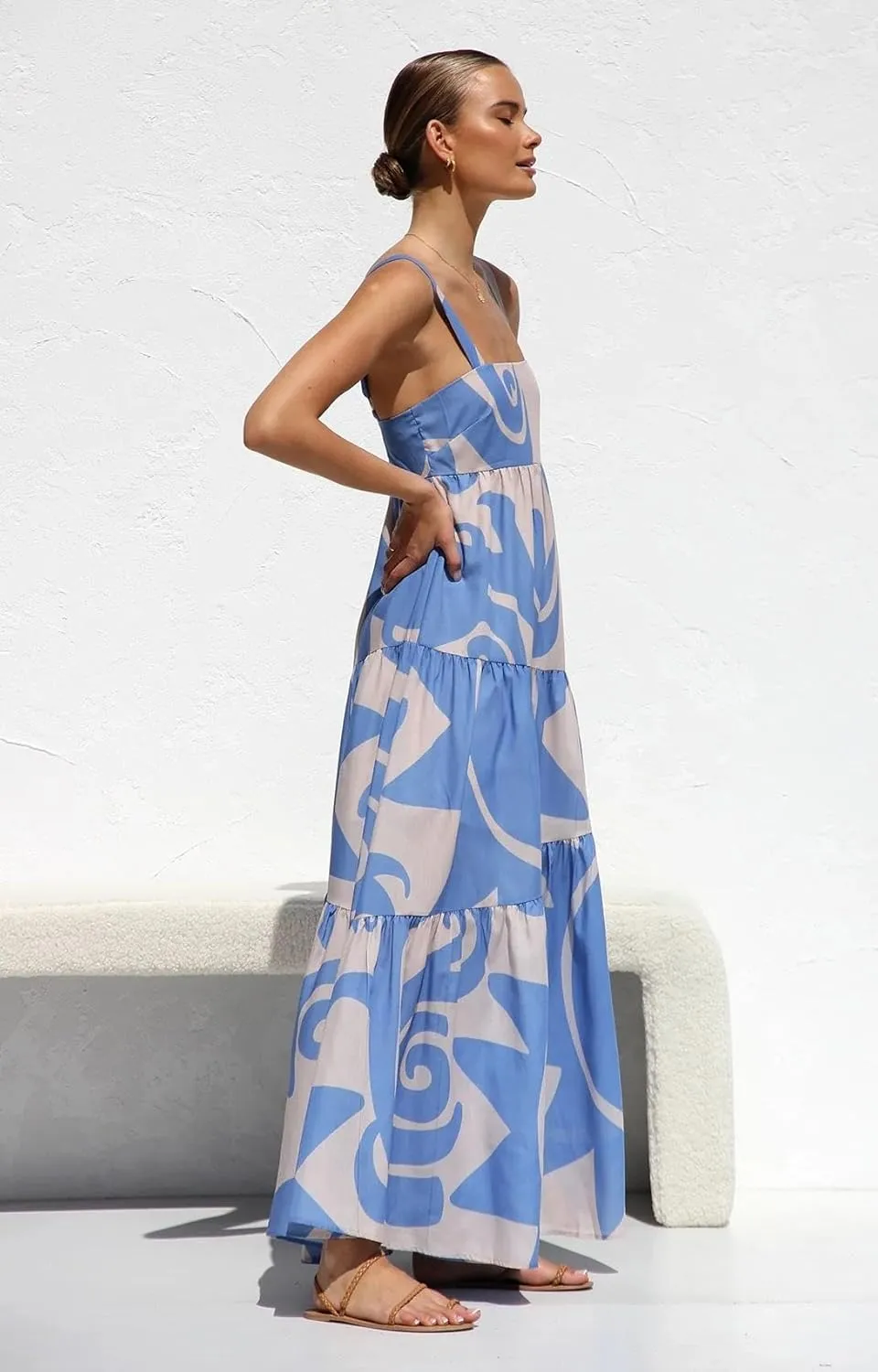 Women's Flowy Maxi Sundress, Sleeveless Abstract Print Dress, Black/Blue/Beige & White, Summer Beach