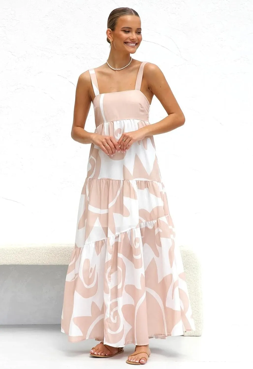 Women's Flowy Maxi Sundress, Sleeveless Abstract Print Dress, Black/Blue/Beige & White, Summer Beach