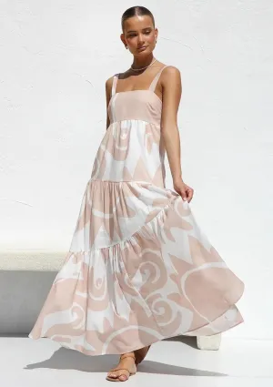 Women's Flowy Maxi Sundress, Sleeveless Abstract Print Dress, Black/Blue/Beige & White, Summer Beach