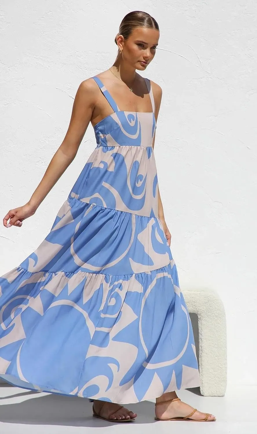 Women's Flowy Maxi Sundress, Sleeveless Abstract Print Dress, Black/Blue/Beige & White, Summer Beach