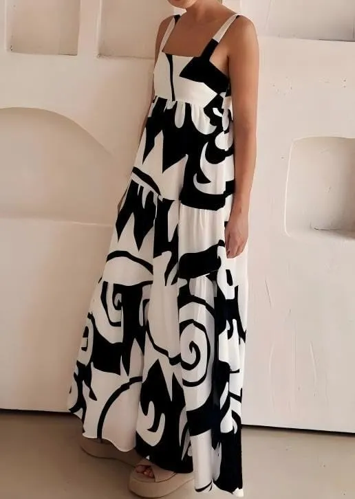 Women's Flowy Maxi Sundress, Sleeveless Abstract Print Dress, Black/Blue/Beige & White, Summer Beach