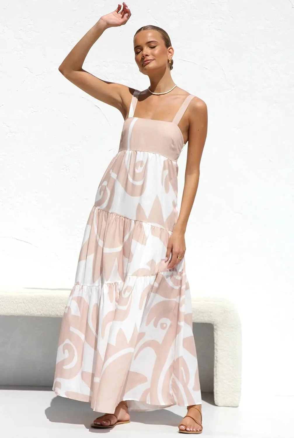 Women's Flowy Maxi Sundress, Sleeveless Abstract Print Dress, Black/Blue/Beige & White, Summer Beach