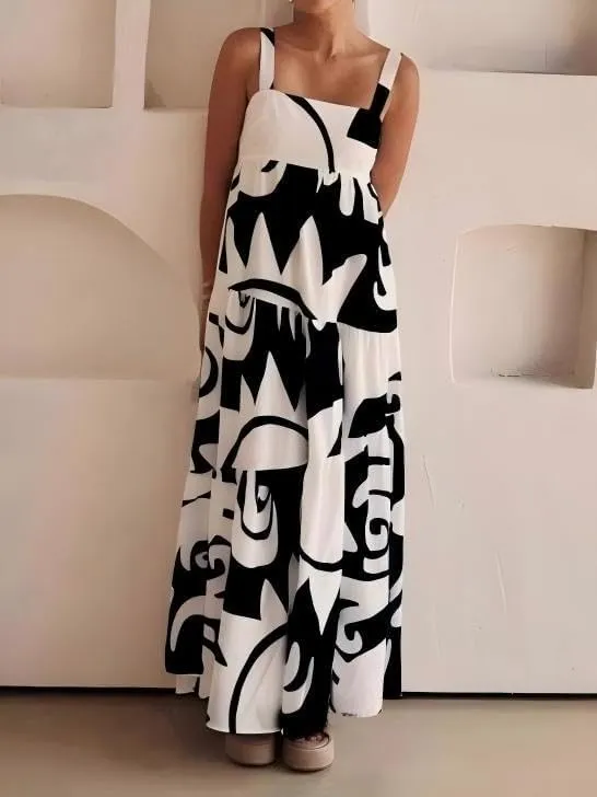 Women's Flowy Maxi Sundress, Sleeveless Abstract Print Dress, Black/Blue/Beige & White, Summer Beach