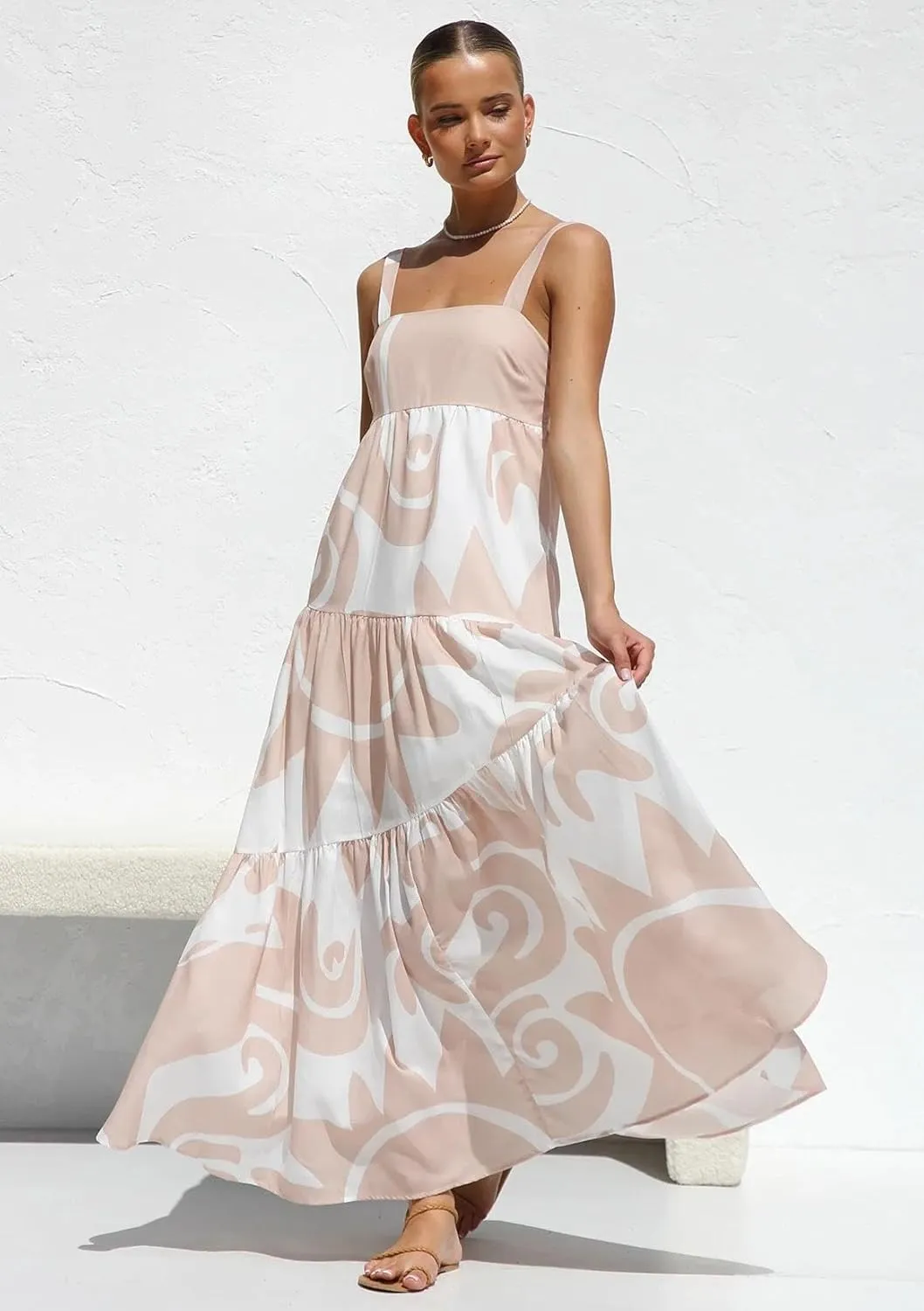 Women's Flowy Maxi Sundress, Sleeveless Abstract Print Dress, Black/Blue/Beige & White, Summer Beach