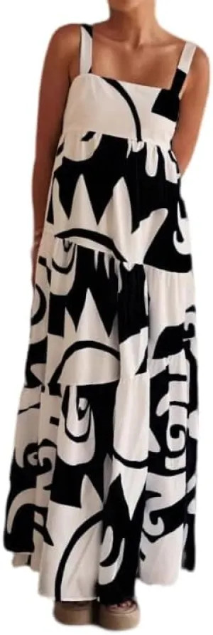 Women's Flowy Maxi Sundress, Sleeveless Abstract Print Dress, Black/Blue/Beige & White, Summer Beach