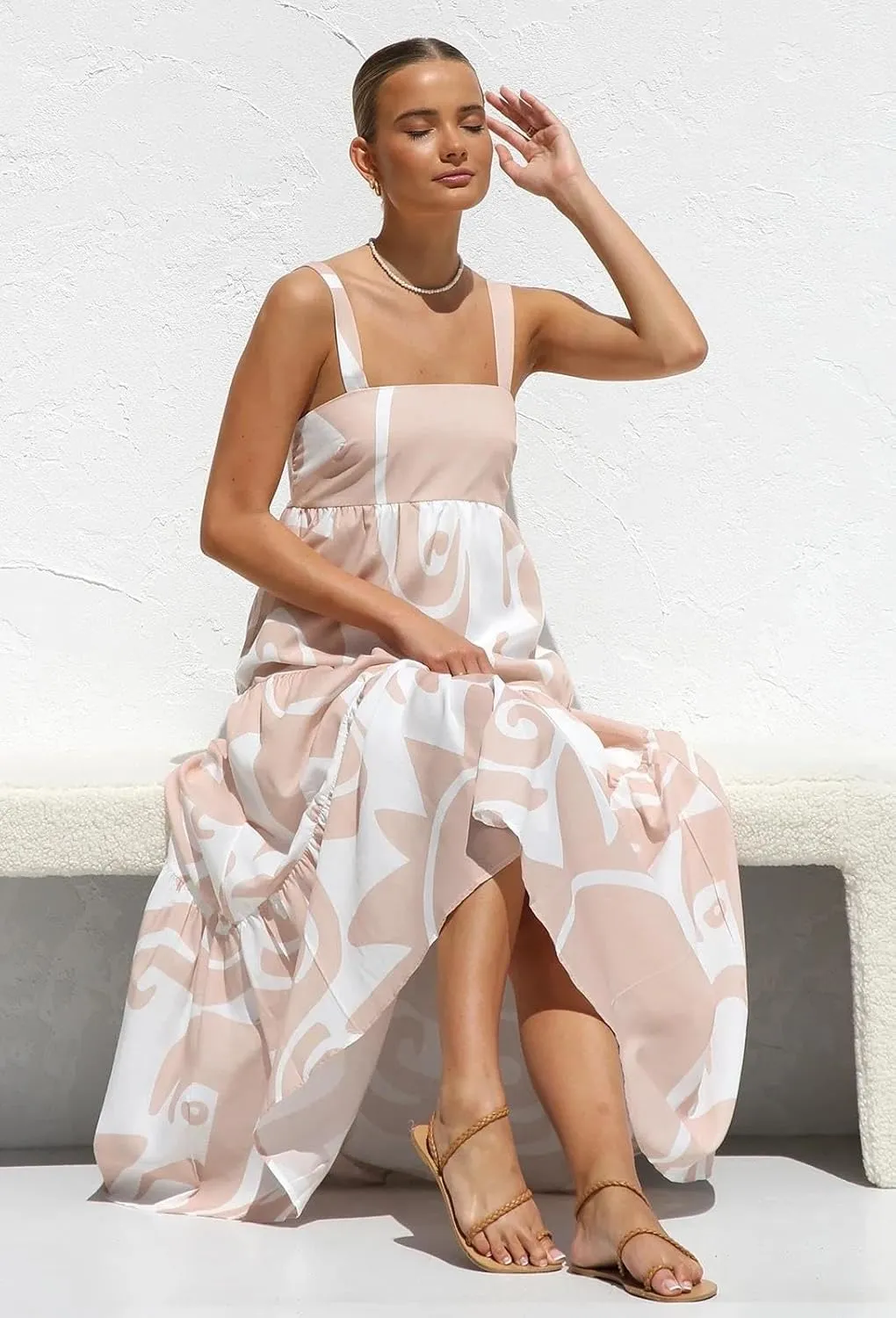 Women's Flowy Maxi Sundress, Sleeveless Abstract Print Dress, Black/Blue/Beige & White, Summer Beach