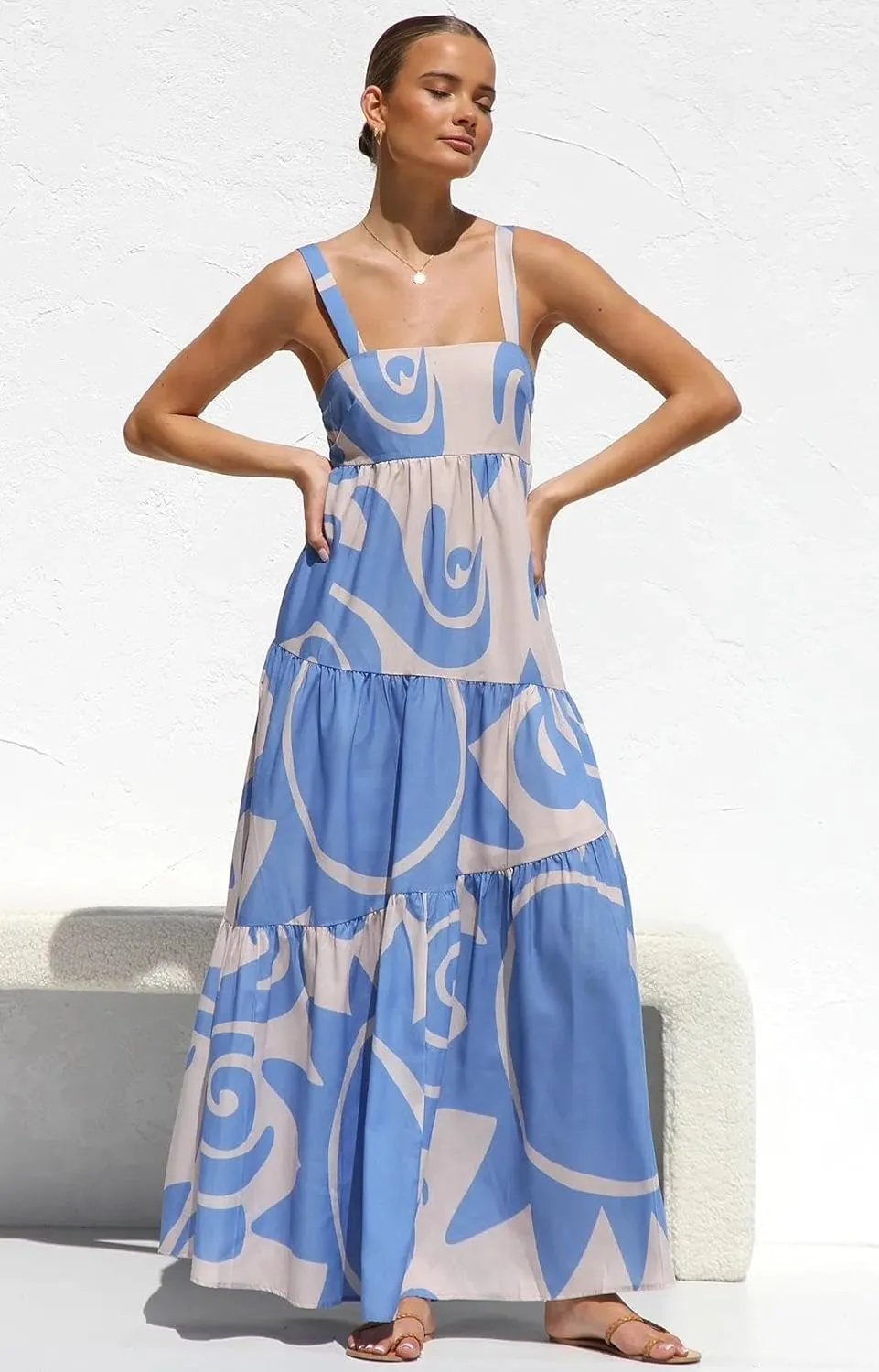 Women's Flowy Maxi Sundress, Sleeveless Abstract Print Dress, Black/Blue/Beige & White, Summer Beach