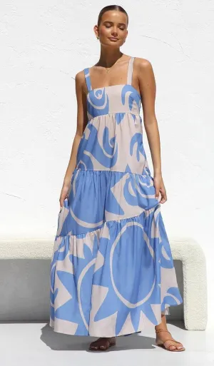 Women's Flowy Maxi Sundress, Sleeveless Abstract Print Dress, Black/Blue/Beige & White, Summer Beach