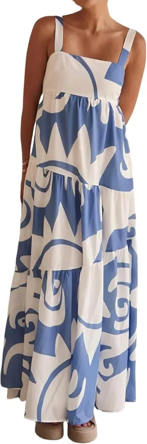 Women's Flowy Maxi Sundress, Sleeveless Abstract Print Dress, Black/Blue/Beige & White, Summer Beach