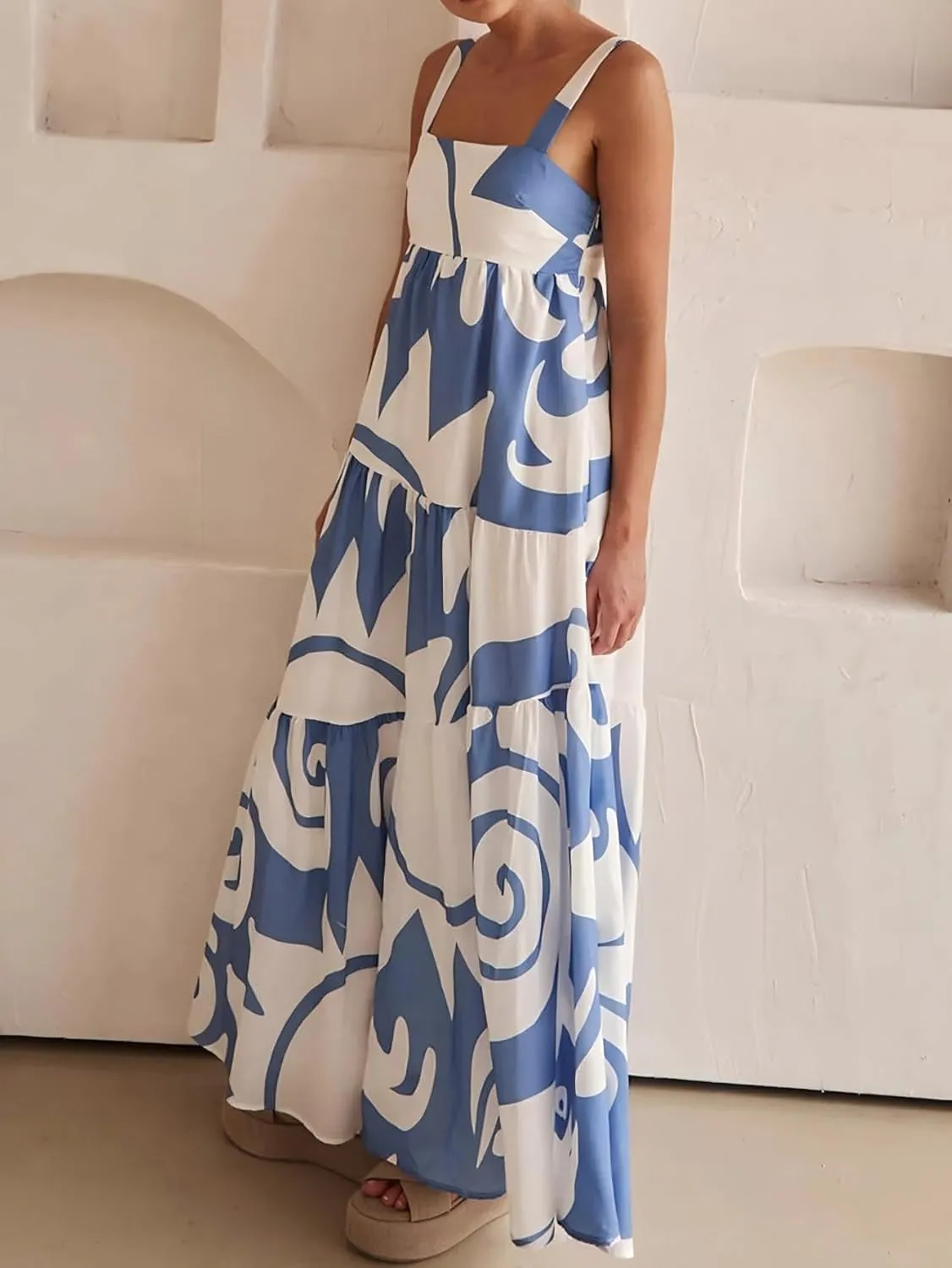 Women's Flowy Maxi Sundress, Sleeveless Abstract Print Dress, Black/Blue/Beige & White, Summer Beach