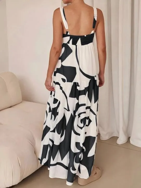 Women's Flowy Maxi Sundress, Sleeveless Abstract Print Dress, Black/Blue/Beige & White, Summer Beach