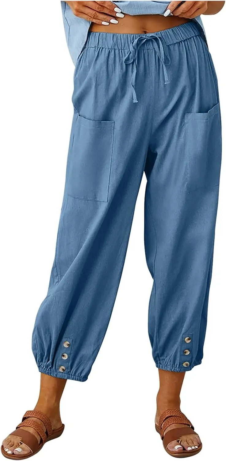 Women's High Waisted Pants Summer Linen Pants Casual Loose Pants Harem Pants Drawstring Trousers Beach Vacation Pants