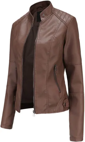 Women's Jacket, Slim Solid Color Zip Up Leather Stand Up Stitching Winter Motorcycle Jackets Coat with Zipper Pockets