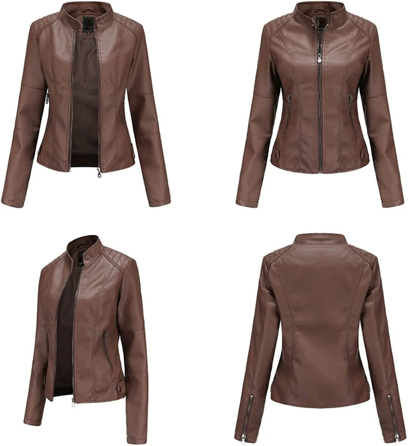 Women's Jacket, Slim Solid Color Zip Up Leather Stand Up Stitching Winter Motorcycle Jackets Coat with Zipper Pockets