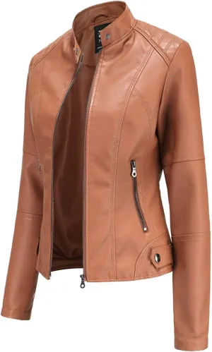 Women's Jacket, Slim Solid Color Zip Up Leather Stand Up Stitching Winter Motorcycle Jackets Coat with Zipper Pockets