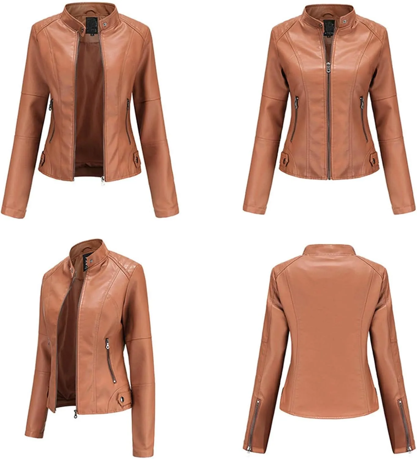 Women's Jacket, Slim Solid Color Zip Up Leather Stand Up Stitching Winter Motorcycle Jackets Coat with Zipper Pockets