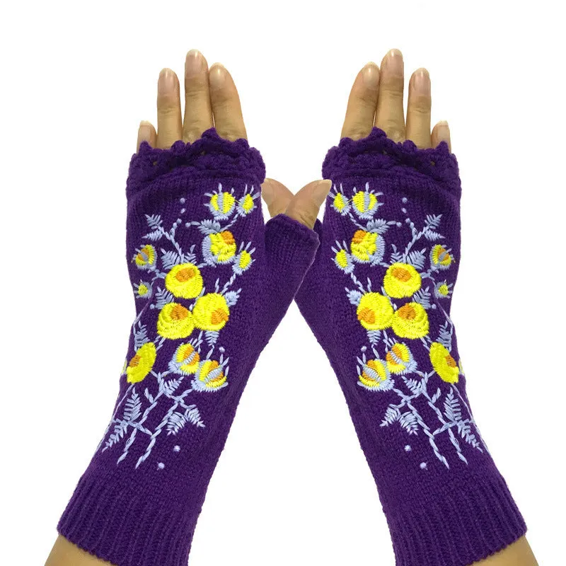 Women's knitted embroidery gloves