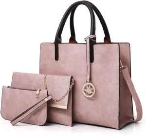 Womens Large Leather Satchel Handbag Set - Stylish Crossbody Tote & Clutch Purse (Pink)