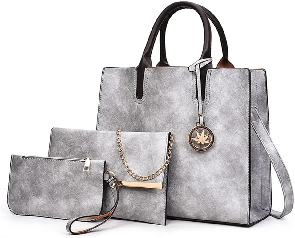 Womens Large Leather Satchel Handbag Set - Stylish Crossbody Tote & Clutch Purse (Pink)