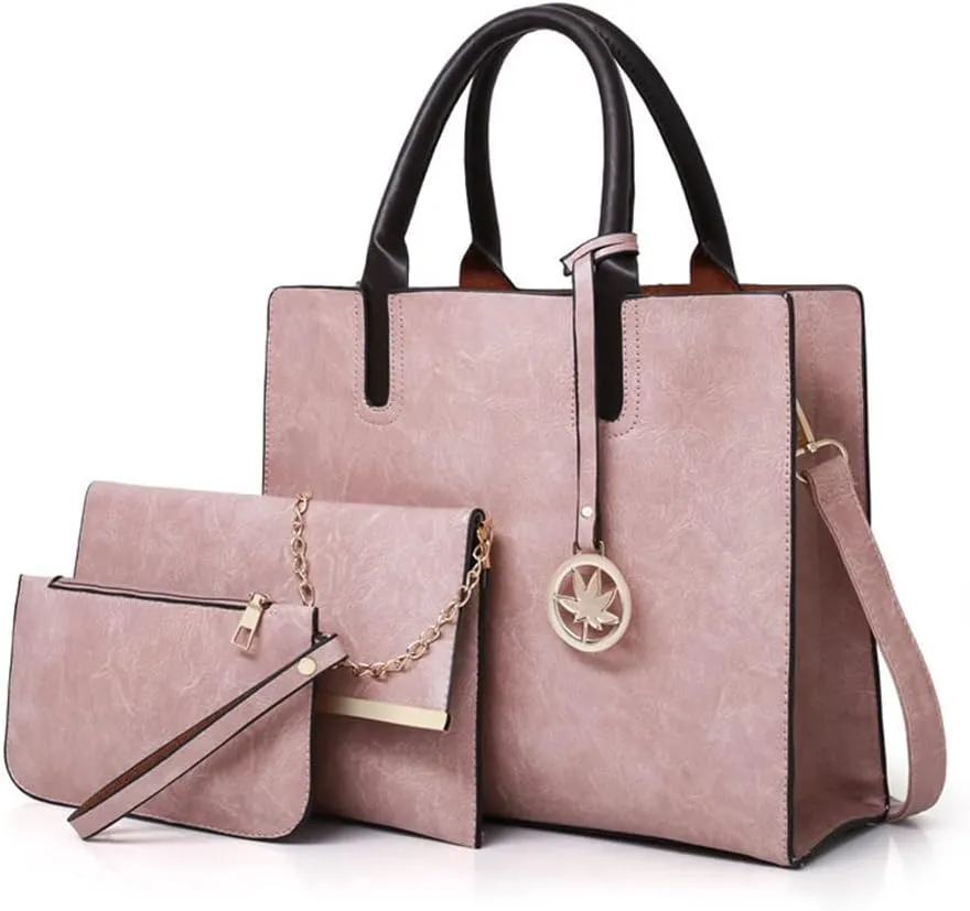 Womens Large Leather Satchel Handbag Set - Stylish Crossbody Tote & Clutch Purse (Pink)