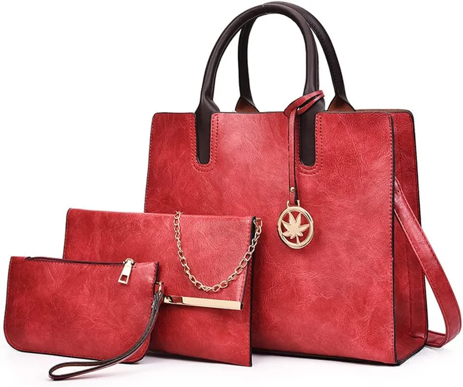Womens Large Leather Satchel Handbag Set - Stylish Crossbody Tote & Clutch Purse (Pink)