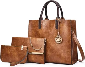 Womens Large Leather Satchel Handbag Set - Stylish Crossbody Tote & Clutch Purse (Pink)