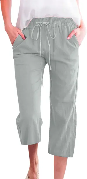 Women's Linen Pants Drawstring Elastic High Waist Capri Pants Summer Casual Wide Leg Plus Size Trousers with Pocket