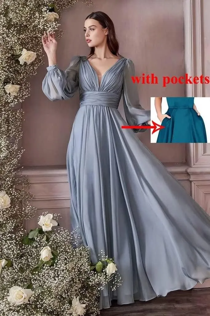 Women's Long Sleeves Bridesmaid Dresses Chiffon A-Line Party Dresses with Sleeves Pleated V-Neck Formal Dresses