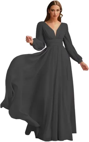 Women's Long Sleeves Bridesmaid Dresses Chiffon A-Line Party Dresses with Sleeves Pleated V-Neck Formal Dresses