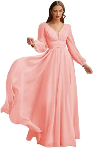Women's Long Sleeves Bridesmaid Dresses Chiffon A-Line Party Dresses with Sleeves Pleated V-Neck Formal Dresses