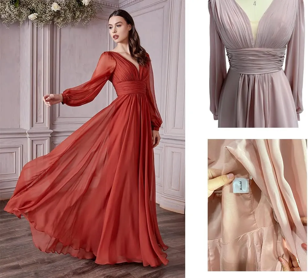 Women's Long Sleeves Bridesmaid Dresses Chiffon A-Line Party Dresses with Sleeves Pleated V-Neck Formal Dresses