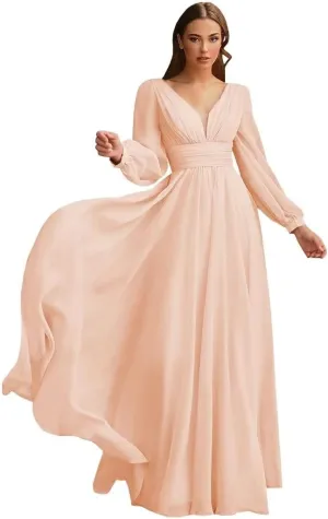 Women's Long Sleeves Bridesmaid Dresses Chiffon A-Line Party Dresses with Sleeves Pleated V-Neck Formal Dresses