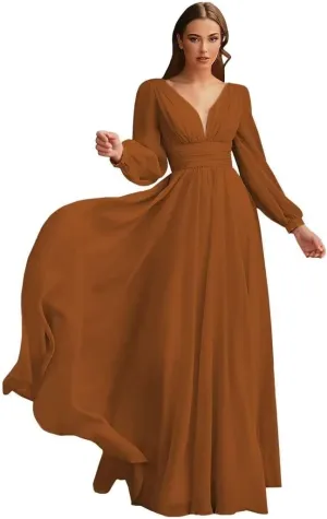 Women's Long Sleeves Bridesmaid Dresses Chiffon A-Line Party Dresses with Sleeves Pleated V-Neck Formal Dresses