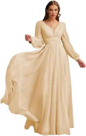 Women's Long Sleeves Bridesmaid Dresses Chiffon A-Line Party Dresses with Sleeves Pleated V-Neck Formal Dresses