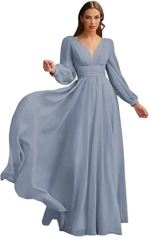 Women's Long Sleeves Bridesmaid Dresses Chiffon A-Line Party Dresses with Sleeves Pleated V-Neck Formal Dresses