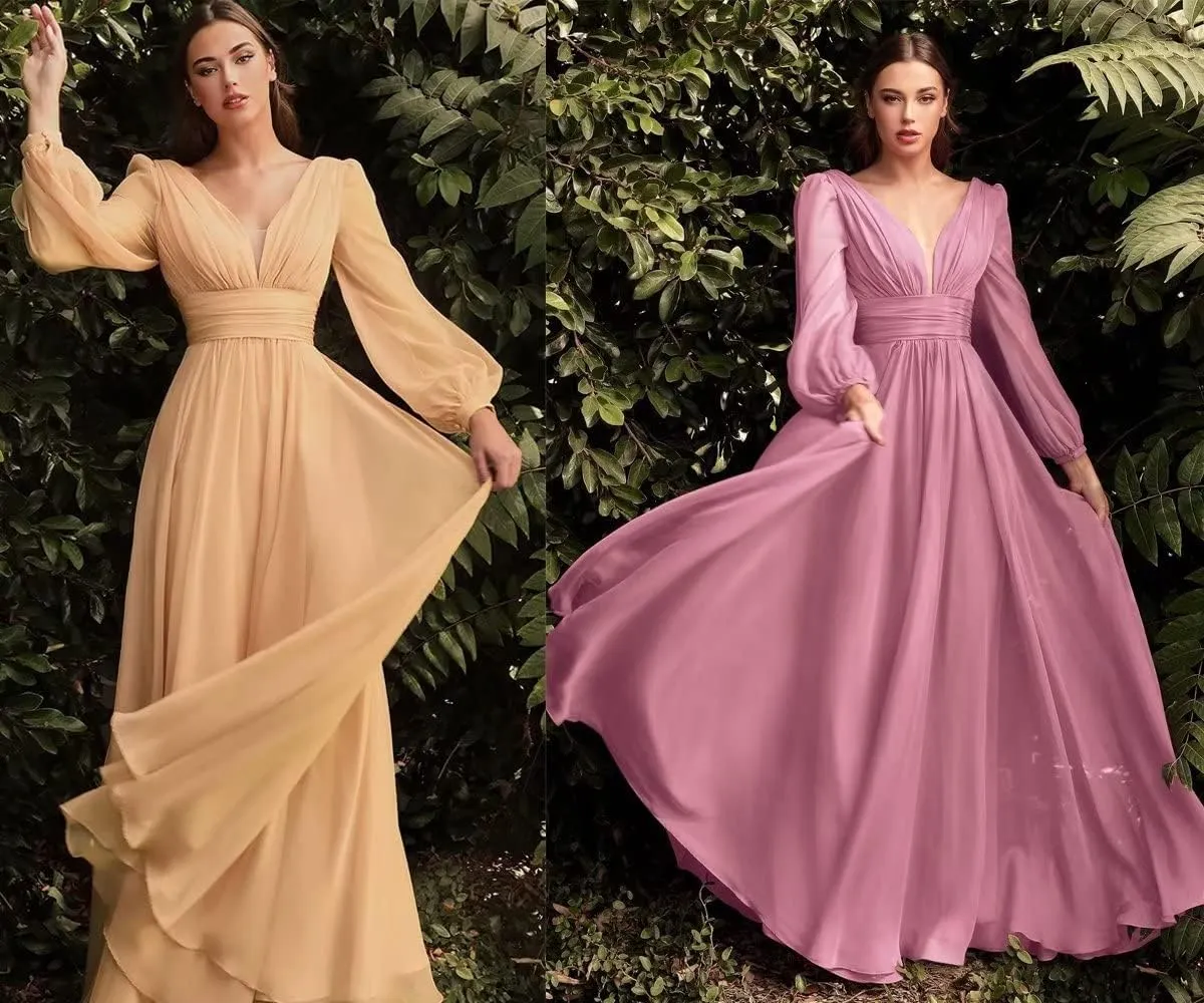 Women's Long Sleeves Bridesmaid Dresses Chiffon A-Line Party Dresses with Sleeves Pleated V-Neck Formal Dresses